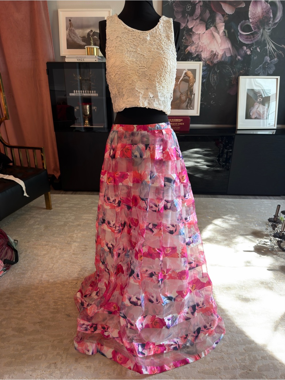 Sequin Hearts Pink Floral Layered Maxi Skirt
